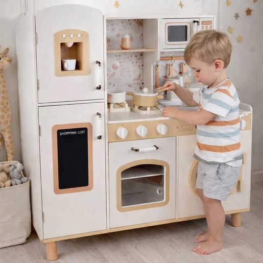 KINDER HOME Dečija drvena kuhinja – vintage stil sa elektronskim pločama za kuvanje, svetlima, zvucima i funkcionalnim dodacima V10C790F
