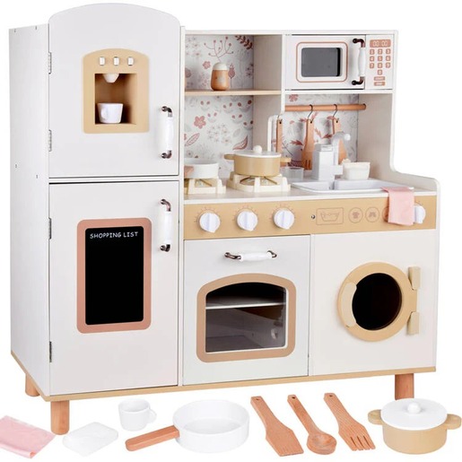 KINDER HOME Dečija drvena kuhinja – vintage stil sa elektronskim pločama za kuvanje, svetlima, zvucima i funkcionalnim dodacima V10C790F