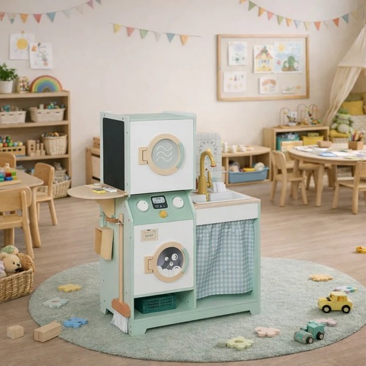 KINDER HOME Dečija drvena mašina za pranje veša 3 u 1 sa sudoperom sa tekućom vodom i mašinom za sušenje veša V10L030