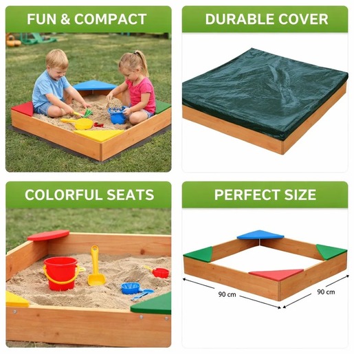 KINDER HOME Dečiji drveni peskarnik sa 4 sedišta – 90x90 cm, za dvorište i baštu WSB-900