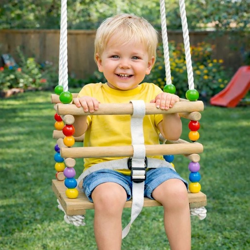 KINDER HOME Dečija drvena ljuljaška sa kaišem i bočnim stranama – do 70 kg, 30×30 cm JXS-3025