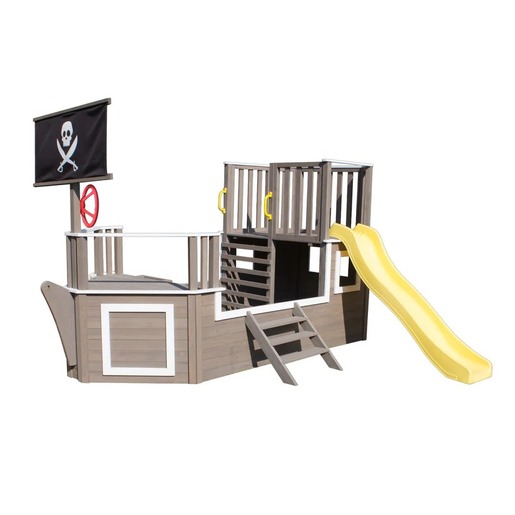 KINDER HOME Dečija drvena penjalica Piratski brod sa toboganom i peskarnikom – Za dvorište i baštu, 310×320×180 cm C601