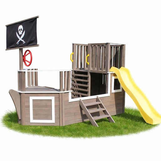 KINDER HOME Dečija drvena penjalica Piratski brod sa toboganom i peskarnikom – Za dvorište i baštu, 310×320×180 cm C601