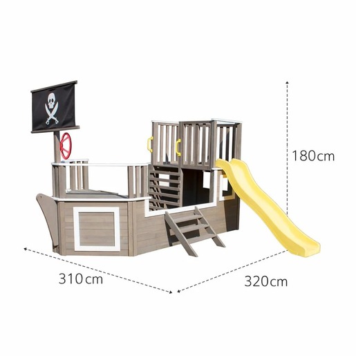 KINDER HOME Dečija drvena penjalica Piratski brod sa toboganom i peskarnikom – Za dvorište i baštu, 310×320×180 cm C601