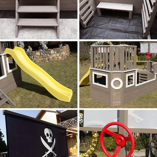 KINDER HOME Dečija drvena penjalica Piratski brod sa toboganom i peskarnikom – Za dvorište i baštu, 310×320×180 cm C601