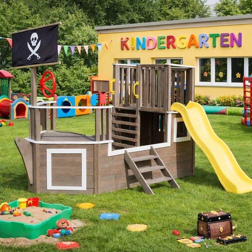 KINDER HOME Dečija drvena penjalica Piratski brod sa toboganom i peskarnikom – Za dvorište i baštu, 310×320×180 cm C601