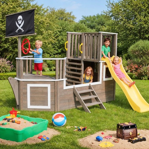 KINDER HOME Dečija drvena penjalica Piratski brod sa toboganom i peskarnikom – Za dvorište i baštu, 310×320×180 cm C601