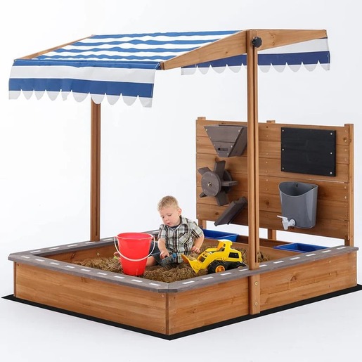 KINDER HOME Dečiji drveni peskarnik za igru sa podesivim krovom i dodacima – Playpen Mill 2445