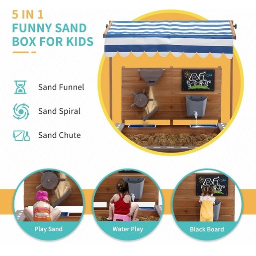 KINDER HOME Dečiji drveni peskarnik za igru sa podesivim krovom i dodacima – Playpen Mill 2445