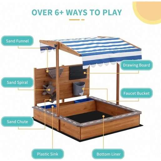 KINDER HOME Dečiji drveni peskarnik za igru sa podesivim krovom i dodacima – Playpen Mill 2445
