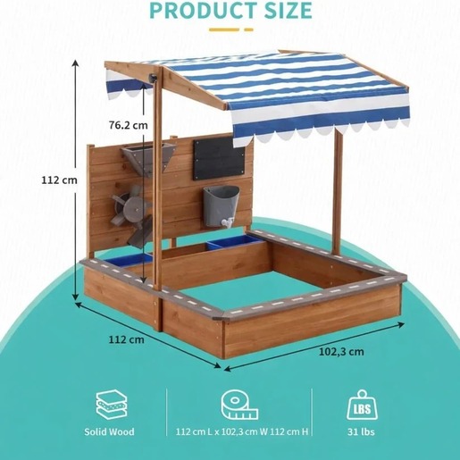 KINDER HOME Dečiji drveni peskarnik za igru sa podesivim krovom i dodacima – Playpen Mill 2445