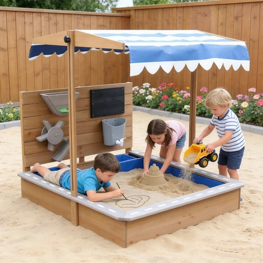 KINDER HOME Dečiji drveni peskarnik za igru sa podesivim krovom i dodacima – Playpen Mill 2445