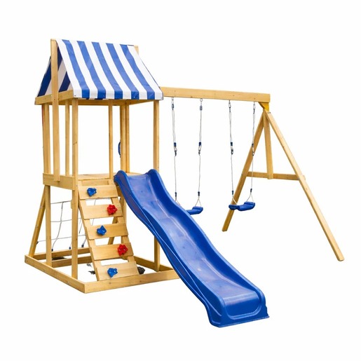 KINDER HOME Dečiji drveni set za igru na otvorenom 4 u 1 – tobogan 1,8 m, 2 ljuljaške, penjalica i mreža od konopaca, 308×318×244 cm SG3A