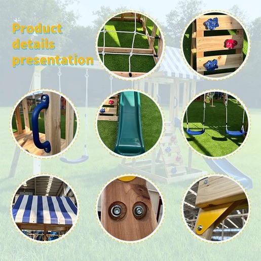 KINDER HOME Dečiji drveni set za igru na otvorenom 4 u 1 – tobogan 1,8 m, 2 ljuljaške, penjalica i mreža od konopaca, 308×318×244 cm SG3A