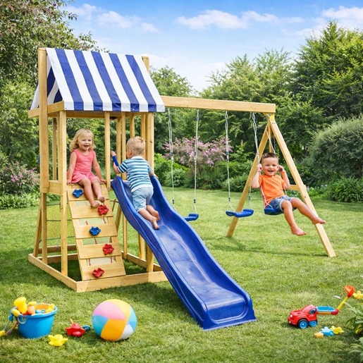 KINDER HOME Dečiji drveni set za igru na otvorenom 4 u 1 – tobogan 1,8 m, 2 ljuljaške, penjalica i mreža od konopaca, 308×318×244 cm SG3A