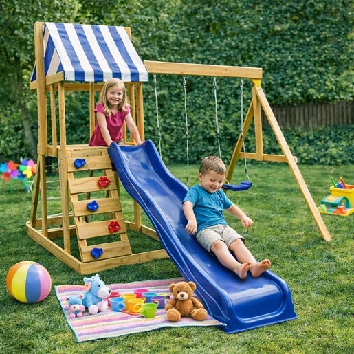 KINDER HOME Dečiji drveni set za igru na otvorenom 4 u 1 – tobogan 1,8 m, 2 ljuljaške, penjalica i mreža od konopaca, 308×318×244 cm SG3A