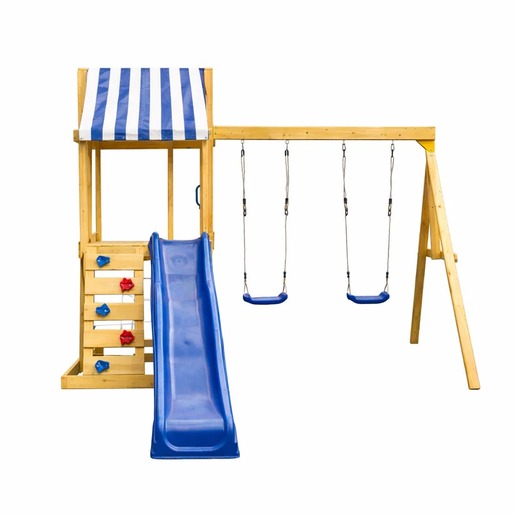 KINDER HOME Dečiji drveni set za igru na otvorenom 4 u 1 – tobogan 1,8 m, 2 ljuljaške, penjalica i mreža od konopaca, 308×318×244 cm SG3A