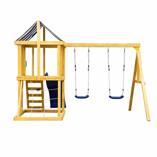 KINDER HOME Dečiji drveni set za igru na otvorenom 4 u 1 – tobogan 1,8 m, 2 ljuljaške, penjalica i mreža od konopaca, 308×318×244 cm SG3A