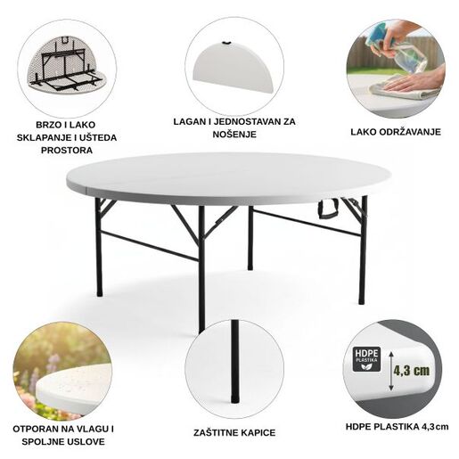 ePRO sklopivi baštenski sto Ø152 74cm, metal-plastika