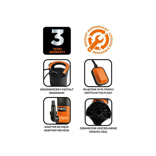Potapajuća pumpa za prljavu vodu 400 W, 8.000 l/h – NEO TOOLS 04-745