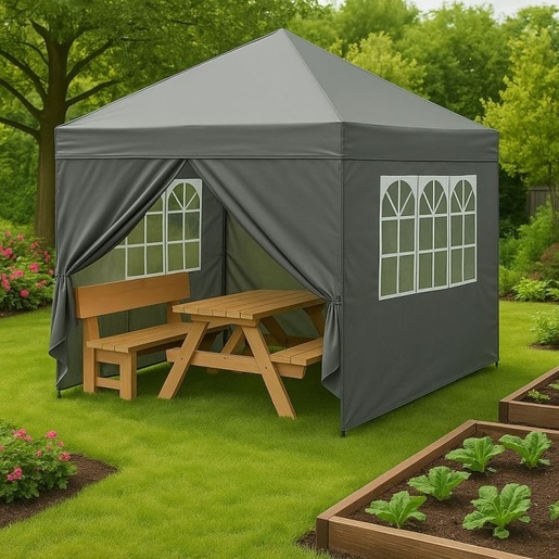 MULTIGARDEN Baštenski šator/paviljon 3×3 m, automatski rasklopiv, sa 4 bočne stranice crni – PAW-3X3-A-4W-GY