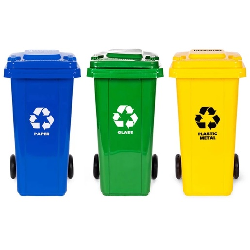 ModernHome Set 3 kante za đubre - 120 L (3 boje), gumirani točkovi – papir, staklo, plastika MO-120G-8-9-13