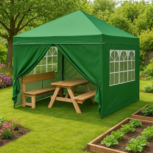 MULTIGARDEN Baštenski šator/paviljon 3×3 m, automatski rasklopiv, sa 4 bočne stranice zeleni – PAW-3X3-A-4W-GR