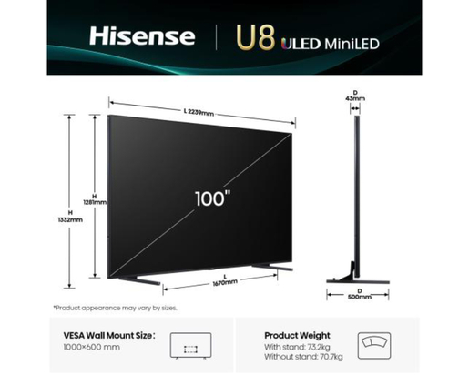 Hisense ULED Mini-LED TV 100" 100U8Q, 4K Ultra HD, VIDAA Smart OS