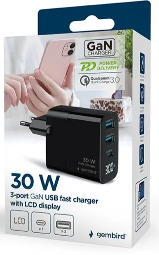 TA-UC-PDQC30LCD-BK-02 Gembird GaN USB brzi punjac, 30W 3-port (2xUSB-A+ USB-C)