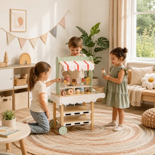 KINDER HOME Dečiji drveni stalak prodavnica sladoleda na točkovima, Montesori igračka W10A273