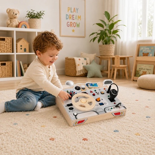 KINDER HOME Dečjia drvena tabla Autić, volan sa dugmićima i zvucima, Montesori igračka W12D769