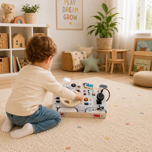 KINDER HOME Dečjia drvena tabla Autić, volan sa dugmićima i zvucima, Montesori igračka W12D769