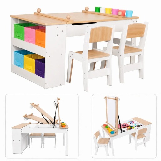 KINDER HOME 3 u 1 dečiji drveni sto sa 2 stolice, tablom za crtanje, organizatorom i rolnom papira W08G516
