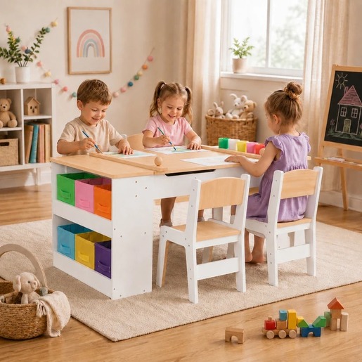 KINDER HOME 3 u 1 dečiji drveni sto sa 2 stolice, tablom za crtanje, organizatorom i rolnom papira W08G516