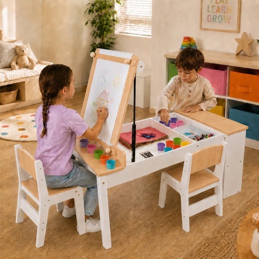 KINDER HOME 3 u 1 dečiji drveni sto sa 2 stolice, tablom za crtanje, organizatorom i rolnom papira W08G516
