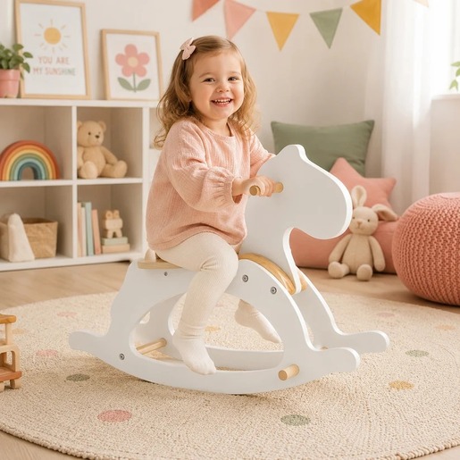 KINDER HOME Dečiji drveni konj za ljuljanje, beli, puno drvo, Montesori igračka W16D163