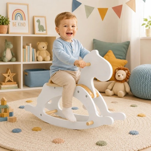 KINDER HOME Dečiji drveni konj za ljuljanje, beli, puno drvo, Montesori igračka W16D163