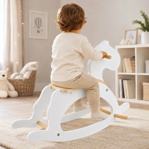 KINDER HOME Dečiji drveni konj za ljuljanje, beli, puno drvo, Montesori igračka W16D163
