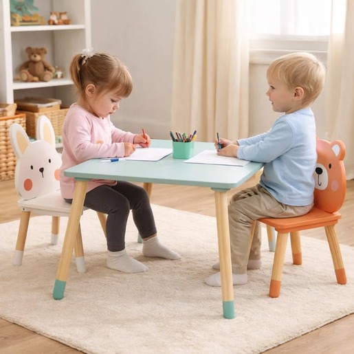 KINDER HOME Dečiji drveni sto sa 2 stolice – Medved i Zeka, set za igru i učenje V08G410B