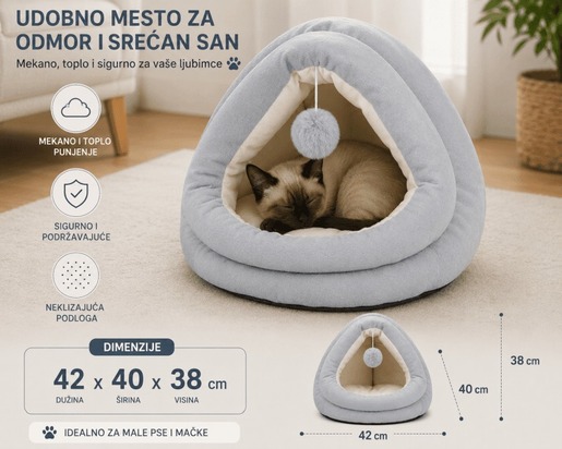 PET COMFORT Krevet za mačke sa visećom lopticom Sivo-Bež 42 × 40 × 38 cm
