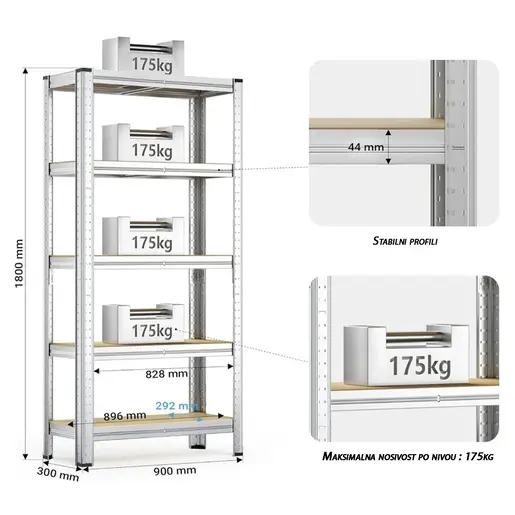 SuperHome 180x90x30cm 175Kg Metalna Montažna Polica