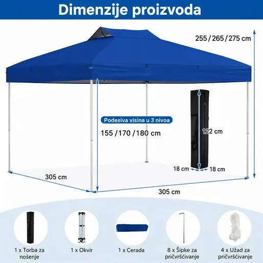 Venturo Garden 3x3m Plavi Paviljon sa mehanizmom