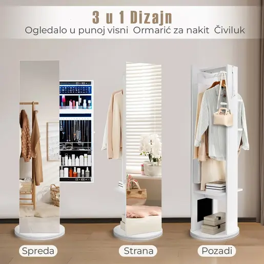 Okretno Ogledalo sa Čivilukom i LED Ormarićem Beli