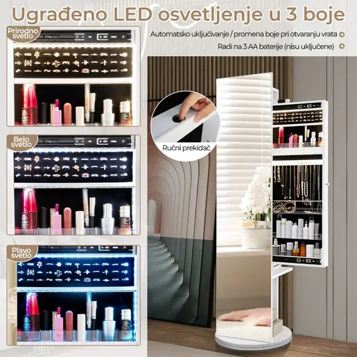 Okretno Ogledalo sa Čivilukom i LED Ormarićem Beli