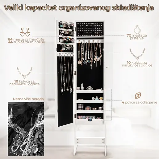 Samostojeći ormar saogledalom za nakit 144cm Beli