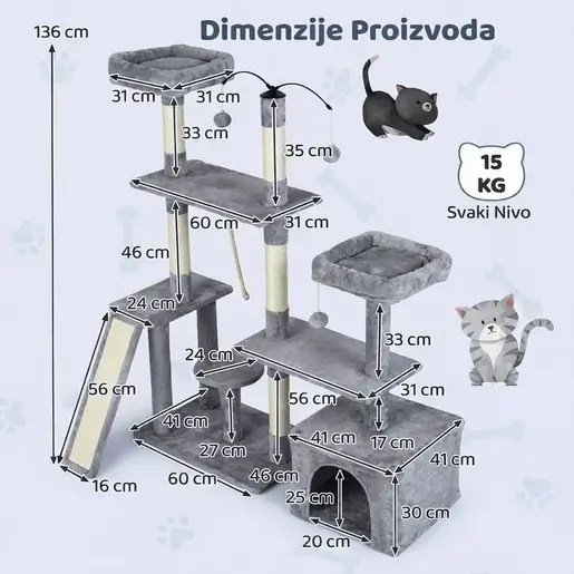 Maca Lounge grebalica i penjalica za mačke 136cm Siva