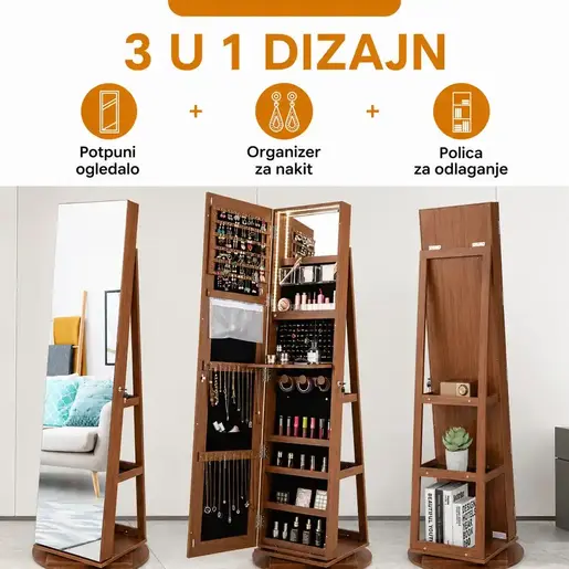 Okretno ogledalo sa ormarićem za nakit i pribor Braon
