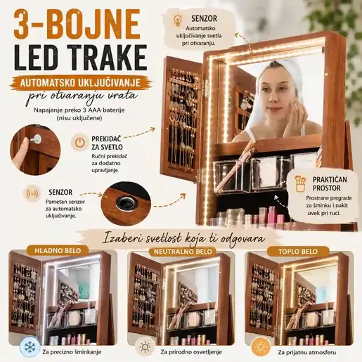 Okretno ogledalo sa ormarićem za nakit i pribor Braon