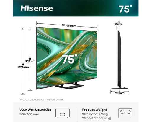 Hisense Mini-LED TV 75" 75E8S, 4K Ultra HD, VIDAA Smart OS