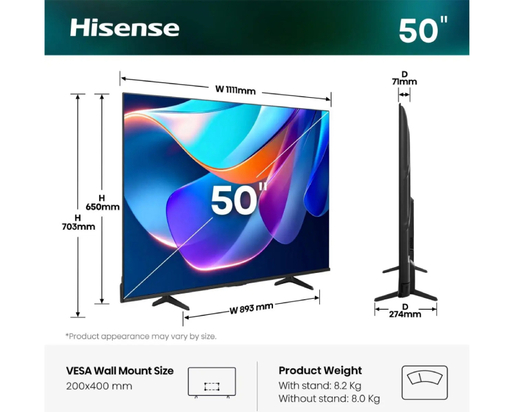 Hisense LED TV 50" 50A6S, 4K Ultra HD, VIDAA Smart OS